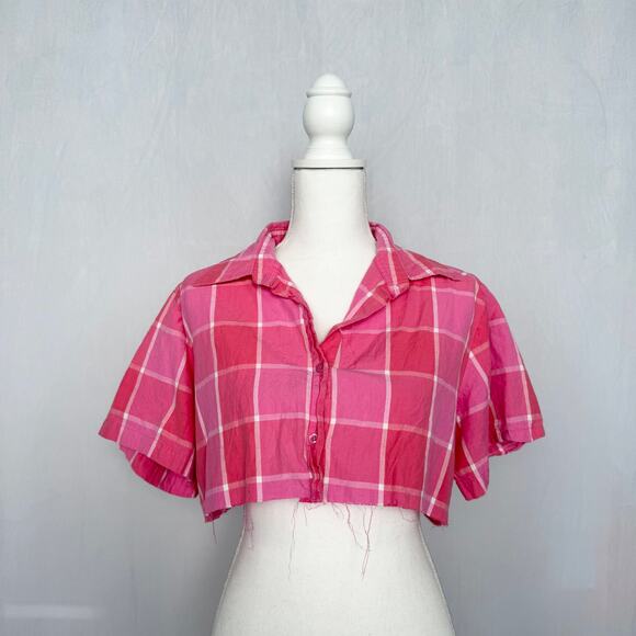 Upcycled Vintage Citicraze Pink Plaid Cropped Button Up Shirt, Size Large - Picture 1 of 8